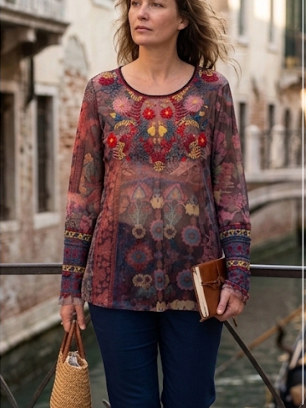 🎀BIYA JOHNNY WAS Embroidered mesh Floral Long-Sleeve Multicolor size XL GUC